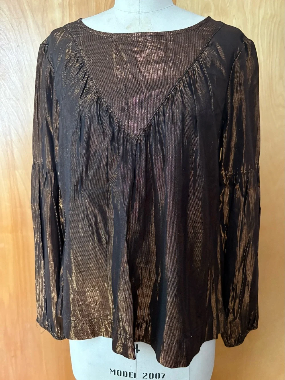 Amadi Anthropologie Merry Metallic Blouse Top Copper Bronze Shimmer Poet Sleeve